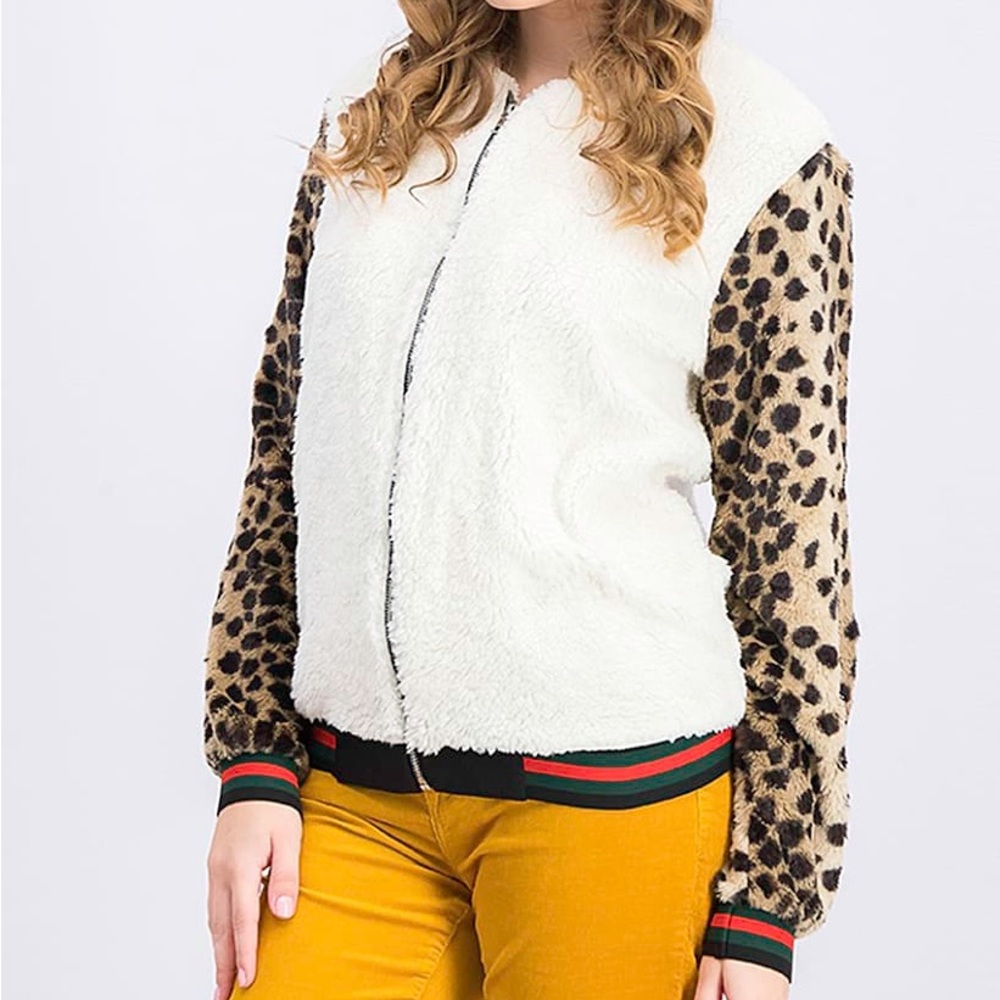Gypsies & Moondust Ivory Leopard Print Faux Fur Teddy Bomber Jacket